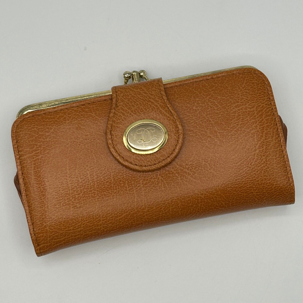 Vintage Ambassador Design Monogram D Rust Brown Leather Kiss Lock Wallet NWOT